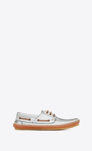 YSL Ashe Båt Shoes In Metallized Läder Argent | PAX053879