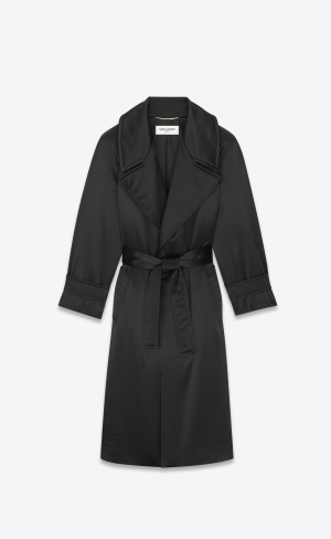 YSL Belted Coat In Crepe Satin Svarta | HUE943816