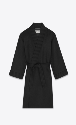 YSL Belted Coat In Ull Felt Noir Brillant | CJY103478