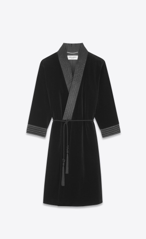 YSL Belted Coat In Velvet Bomull Svarta | QMR841256