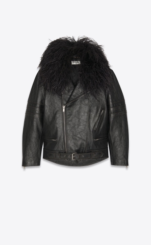 YSL Biker Jacket In Läder And Feathers Noir | NYP248697