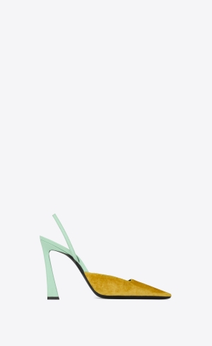 YSL Blade Slingback Pumps In Silk Velvet And Lack Läder Ocre Et Vert Anis | KAO049172
