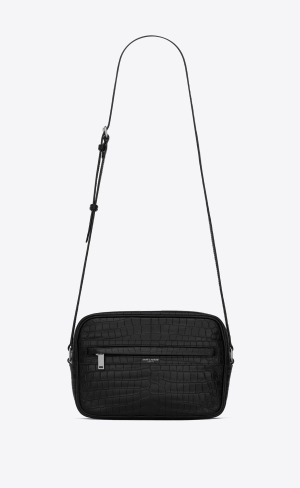 YSL Camp Camera Bag In Crocodile-embossed Läder Svarta | FKP496123
