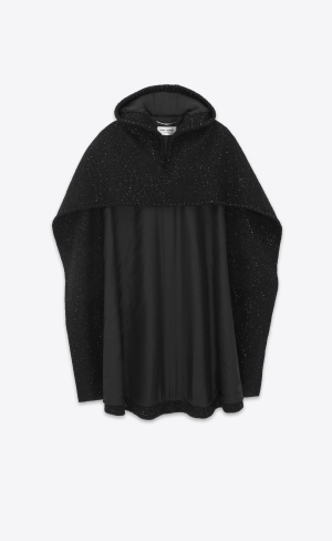 YSL Cape Coat In Sequined Chevron Tweed Svarta | ZDA307924