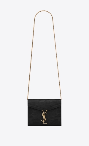 YSL Cassandra Chain Wallet In Crocodile-embossed Shiny Läder Svarta | TSC870946
