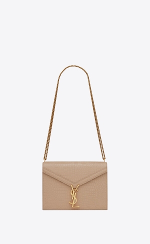 YSL Cassandra Medium Chain Bag In Crocodile-embossed Shiny Läder Mörkbeige | WZQ409672