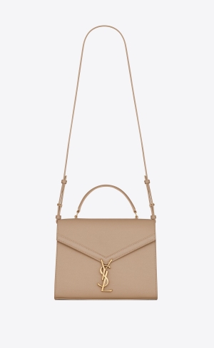 YSL Cassandra Medium Top Handle Bag In Grain De Poudre Embossed Läder Mörkbeige | YZJ427186