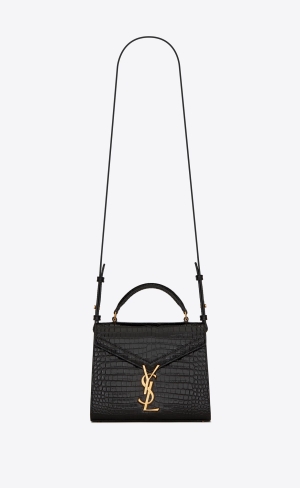 YSL Cassandra Mini Top Handle Bag In Crocodile-embossed Shiny Läder Svarta | VRO591783