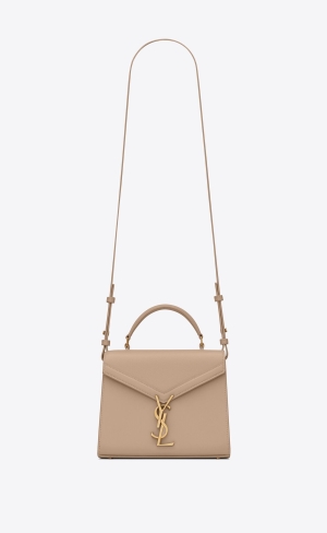 YSL Cassandra Mini Top Handle Bag In Grain De Poudre Embossed Läder Mörkbeige | TNH632857