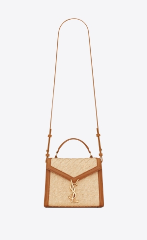 YSL Cassandra Mini Top Handle Bag In Raffia And Vegetable-tanned Läder Beige Bruna Mörkröda | XVI120967