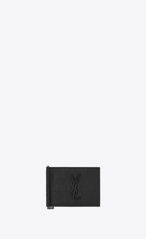 YSL Cassandre Bill Clip Wallet In Crocodile-embossed Läder Svarta | ZOK247890