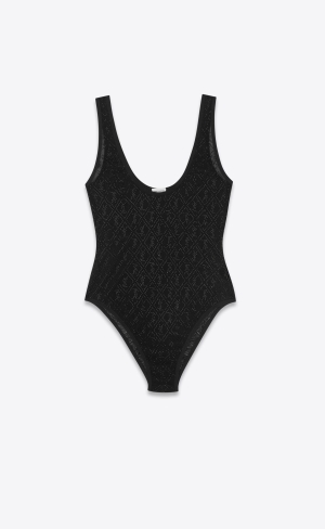 YSL Cassandre Bodysuit In Tulle Jersey And Rhinestones Noir/Noir Brillant | EHV903712