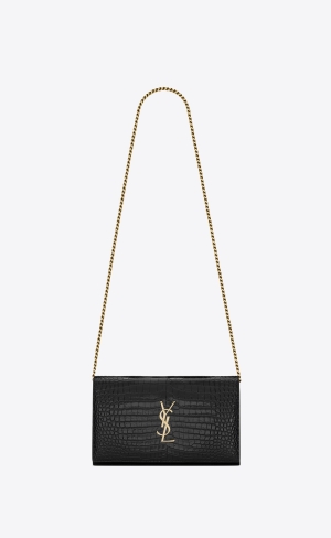 YSL Cassandre Chain Wallet In Crocodile-embossed Shiny Läder Svarta | BKA763189