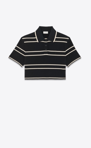 YSL Cassandre Cropped Polo Shirt Noir Craie | PMJ508791