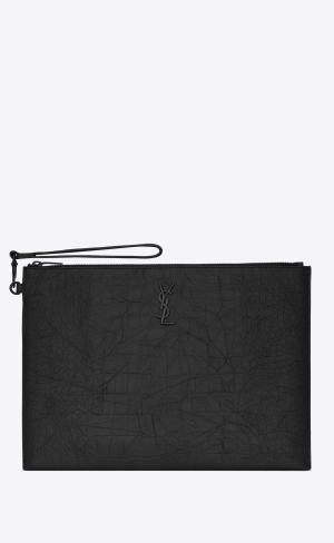 YSL Cassandre Document Holder In Crocodile-embossed Läder Noir | ILY045918
