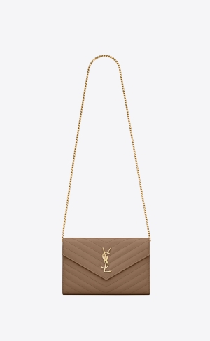 YSL Cassandre Matelassé Chain Wallet In Grain De Poudre Embossed Läder Grå Bruna | ACI860913