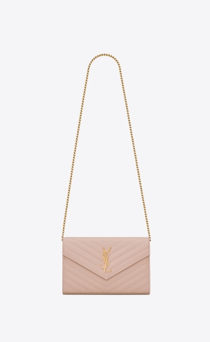 YSL Cassandre Matelassé Chain Wallet In Grain De Poudre Embossed Läder Rosa | IAS054762