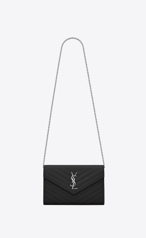 YSL Cassandre Matelassé Chain Wallet In Grain De Poudre Embossed Läder Svarta | IQC852396