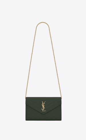 YSL Cassandre Matelassé Chain Wallet In Grain De Poudre Embossed Läder Mörkgröna | IXS784321