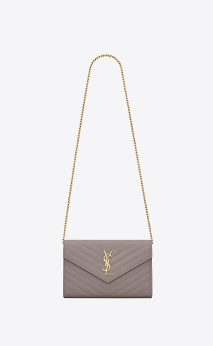 YSL Cassandre Matelassé Chain Wallet In Grain De Poudre Embossed Läder Fog | JHA345860