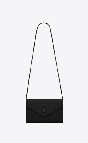 YSL Cassandre Matelassé Chain Wallet In Grain De Poudre Embossed Läder Svarta | QAS589260
