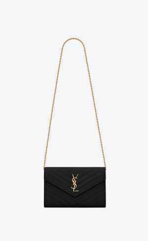YSL Cassandre Matelassé Chain Wallet In Grain De Poudre Embossed Läder Svarta | TUN290361
