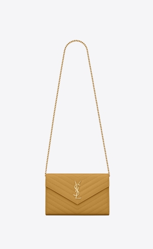 YSL Cassandre Matelassé Chain Wallet In Grain De Poudre Embossed Läder Gula | VWN970163