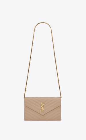 YSL Cassandre Matelassé Chain Wallet In Grain De Poudre Embossed Läder Mörkbeige | VWZ938762