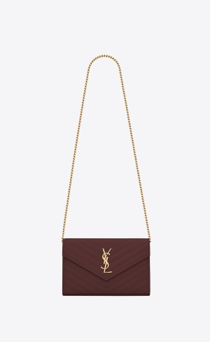 YSL Cassandre Matelassé Chain Wallet In Grain De Poudre Embossed Läder Mörkröda | ZIG894215