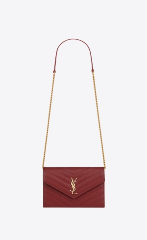 YSL Cassandre Matelassé Envelope Chain Wallet In Grain De Poudre Embossed Läder Röda | DGT958241