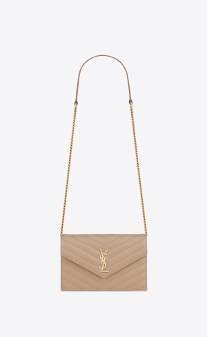 YSL Cassandre Matelassé Envelope Chain Wallet In Grain De Poudre Embossed Läder Mörkbeige | VIK485672