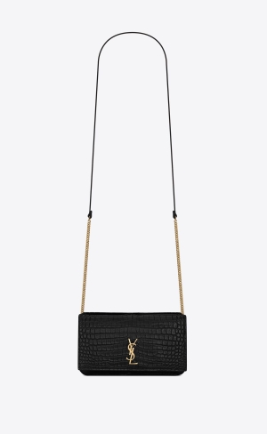 YSL Cassandre Phone Holder With Rem In Shiny Crocodile-embossed Läder Svarta | SUP451792