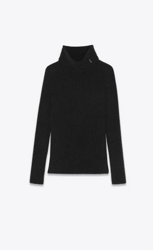YSL Cassandre Räfflad Turtleneck Tröja In Ull And Cashmere Svarta | CYF294836