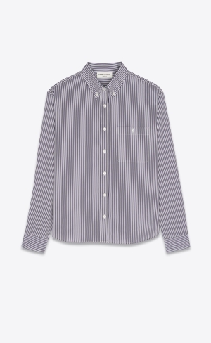 YSL Cassandre Shirt In Randig Bomull Poplin Blanc Et Encre | KAB327186