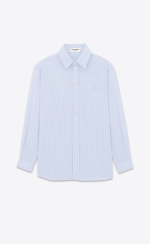 YSL Cassandre Shirt In Randig Bomull Poplin Blanc Ciel | NDR237865