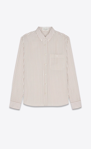 YSL Cassandre Shirt In Randig Bomull Poplin Creme Caramel | TWK057164