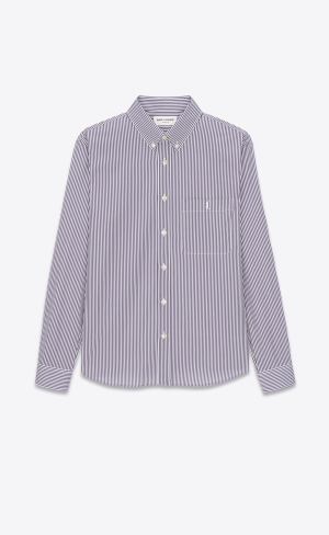 YSL Cassandre Shirt In Randig Bomull Poplin Blanc Et Encre | YPM453690