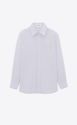 YSL Cassandre Shirt In Randig Bomull Poplin Blanc Bleu | ZBD618905