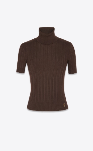 YSL Cassandre Top In Räfflad Silk Marron | QNG905241