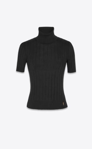 YSL Cassandre Top In Räfflad Silk Noir | PDS815276