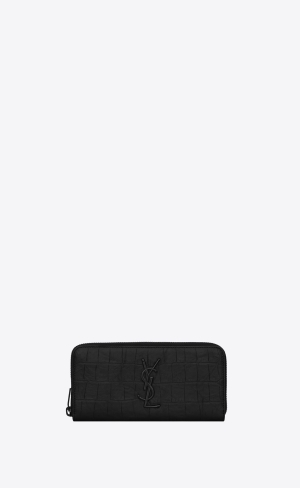 YSL Cassandre Zip-around Wallet In Crocodile-embossed Läder Svarta | NUE068394