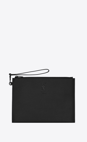 YSL Cassandre Zipped Tablet Holder In Grain De Poudre-embossed Läder Noir | QDJ067921