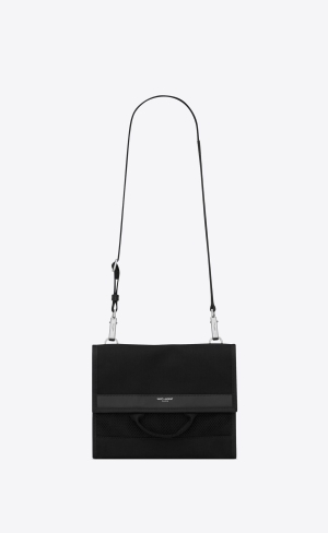 YSL City Flap Crossbody Pouch In Canvas Svarta | JTI125867