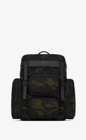 YSL City Multi-pocket Backpack In Smooth Läder And Nylon Svarta Khaki | IUH764985