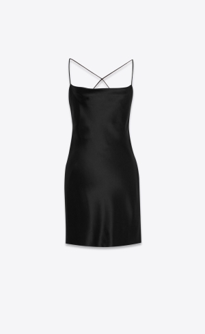 YSL Cowl Back Klänning In Silk Satin Svarta | YVW724061
