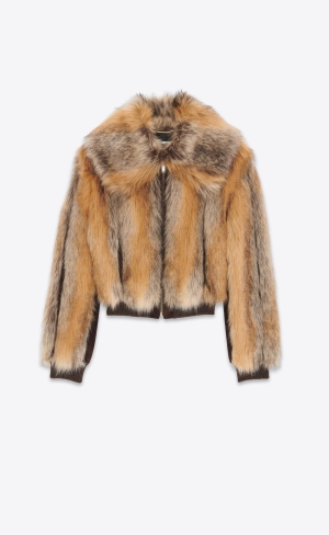 YSL Cropped Coat In Animal-free Fur Noir, Roux Et Creme | LPW721865