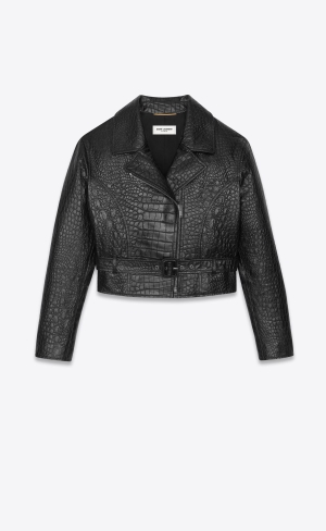 YSL Cropped Jacket In Crocodile-embossed Läder Svarta | NLC760584