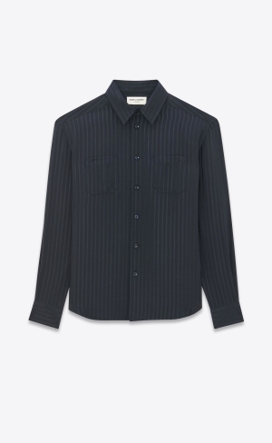 YSL Cropped Shirt In Mat And Shiny Randig Silk Bleu Nuit | PBD863795