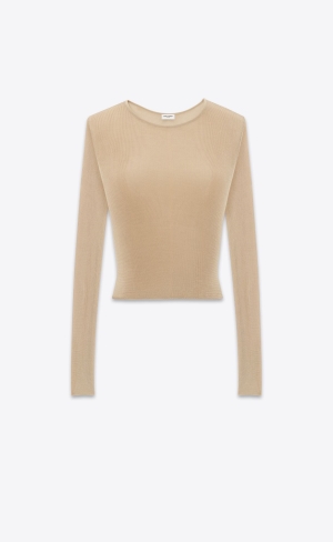 YSL Cropped Top In Räfflad Knit Beige | KUG031764