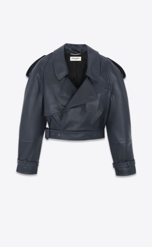 YSL Cropped Trench In Shiny Lambskin Bleu Fonce | PKN847136